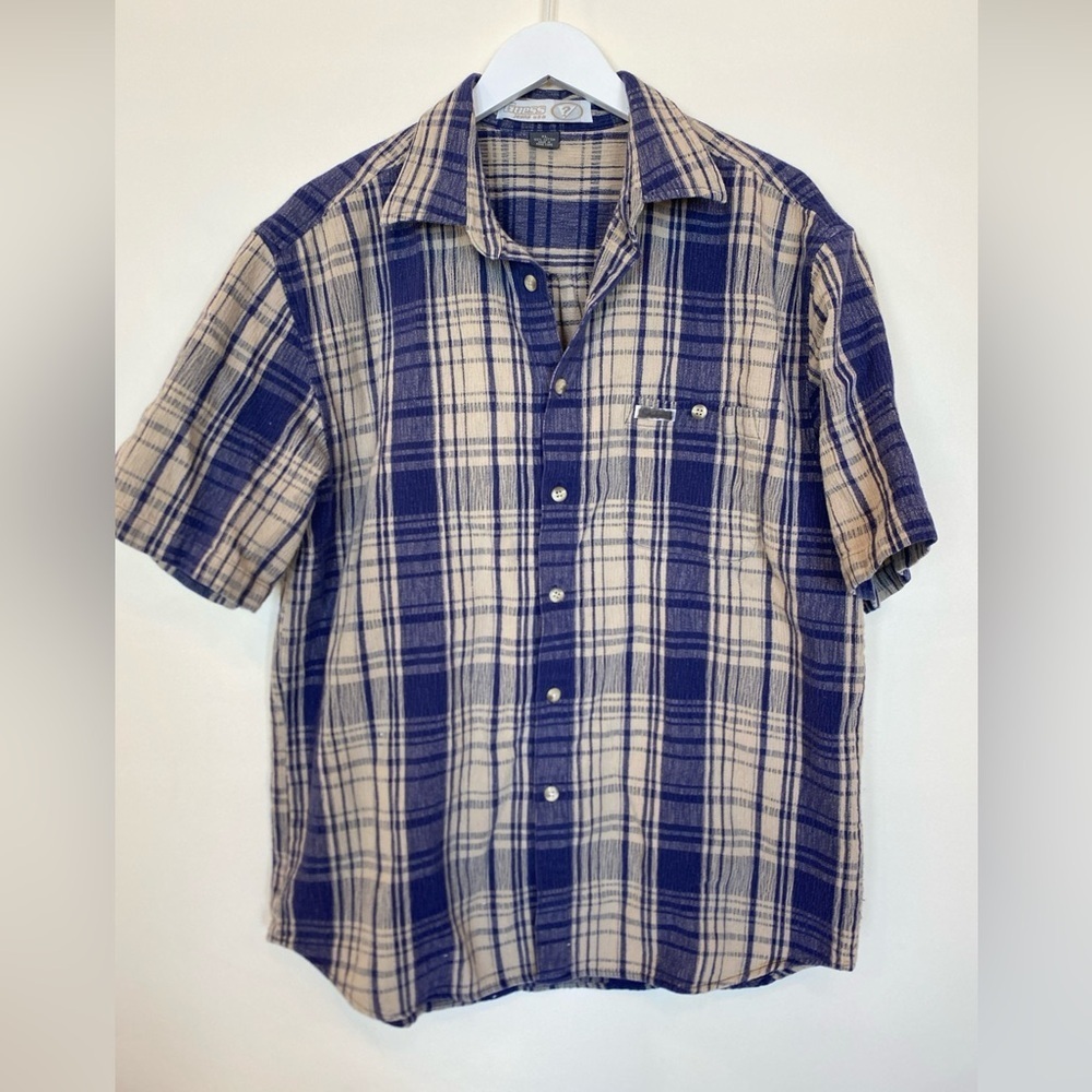 Vintage Guess Jeans USA Collared Gauze T Shirt Button Down Plaid Mens Xl Blue